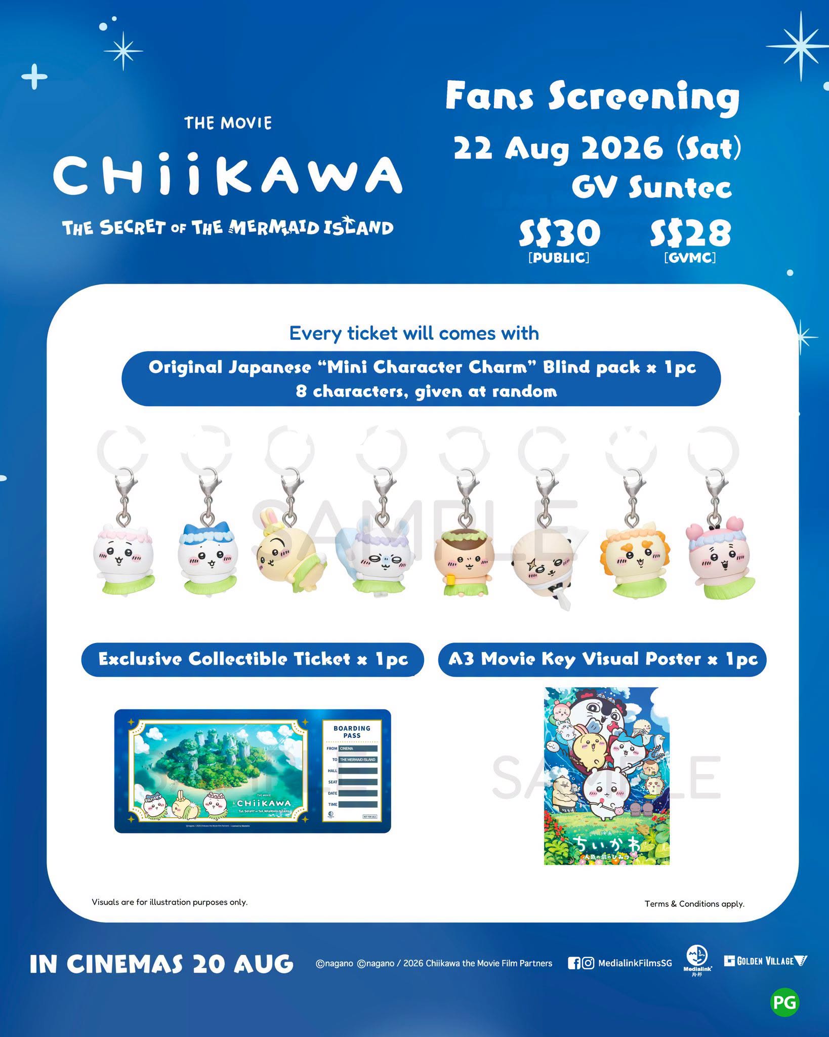 Chiikawa movie fan screening exclusives in Singapore: mini character charm blind pack, A3 Japanese key visual poster and collectible ticket