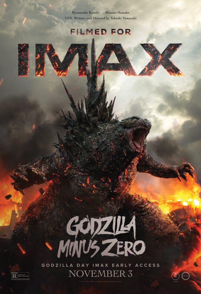 Official Filmed for IMAX poster for Godzilla Minus Zero, showing Godzilla roaring amid burning wreckage. Your first Japanese Godzilla movie opens in Singapore on 5 November 2026.